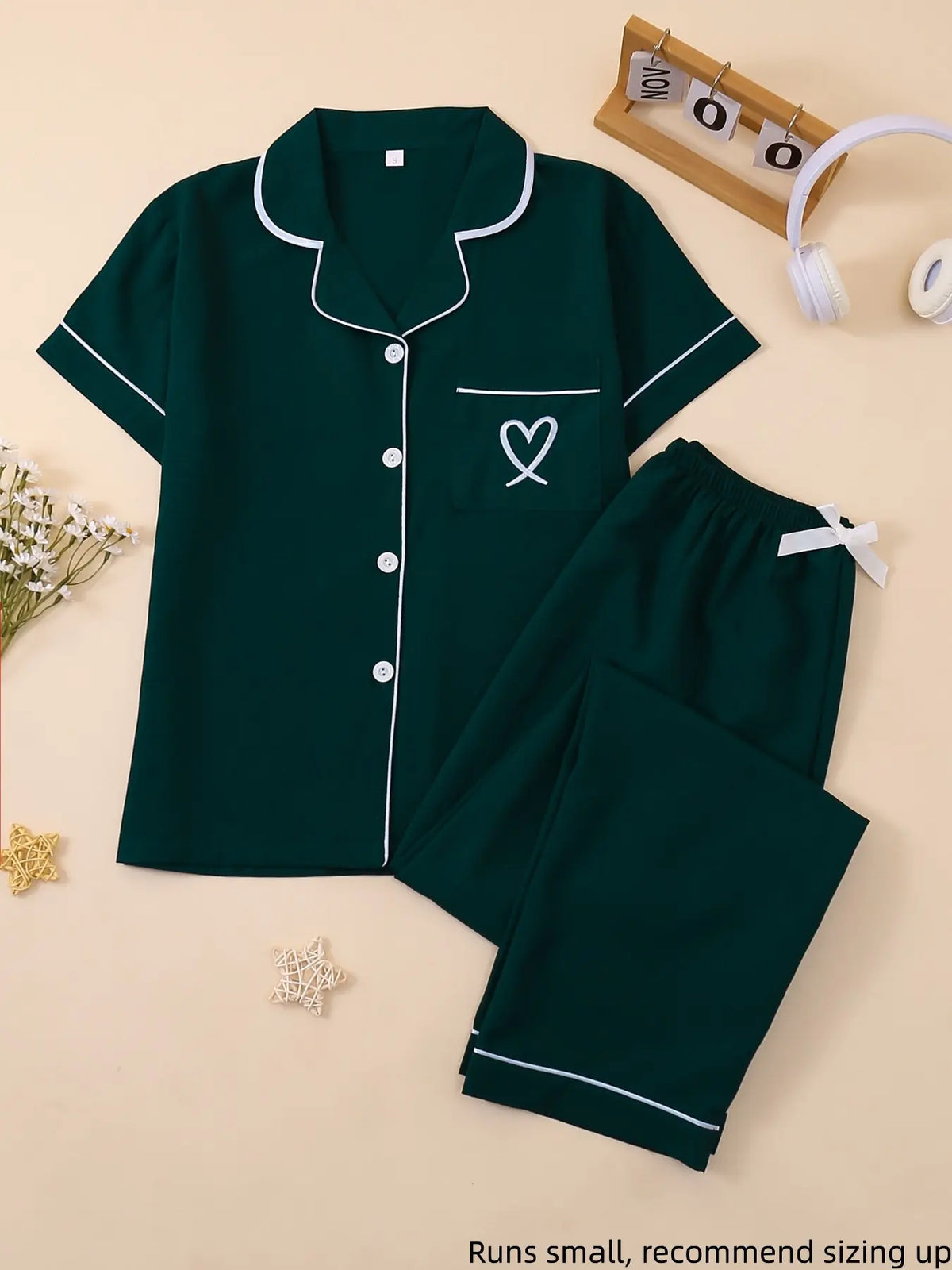 Women's Casual Fitted Sleepwear Set, Soft Fabric Heart Embroidery Pajama Set, Short Sleeves Plain Everyday Home Wear, Loungewear & Nightwear Set, All-Season Pjs, Homewear, Comfy Pajamas