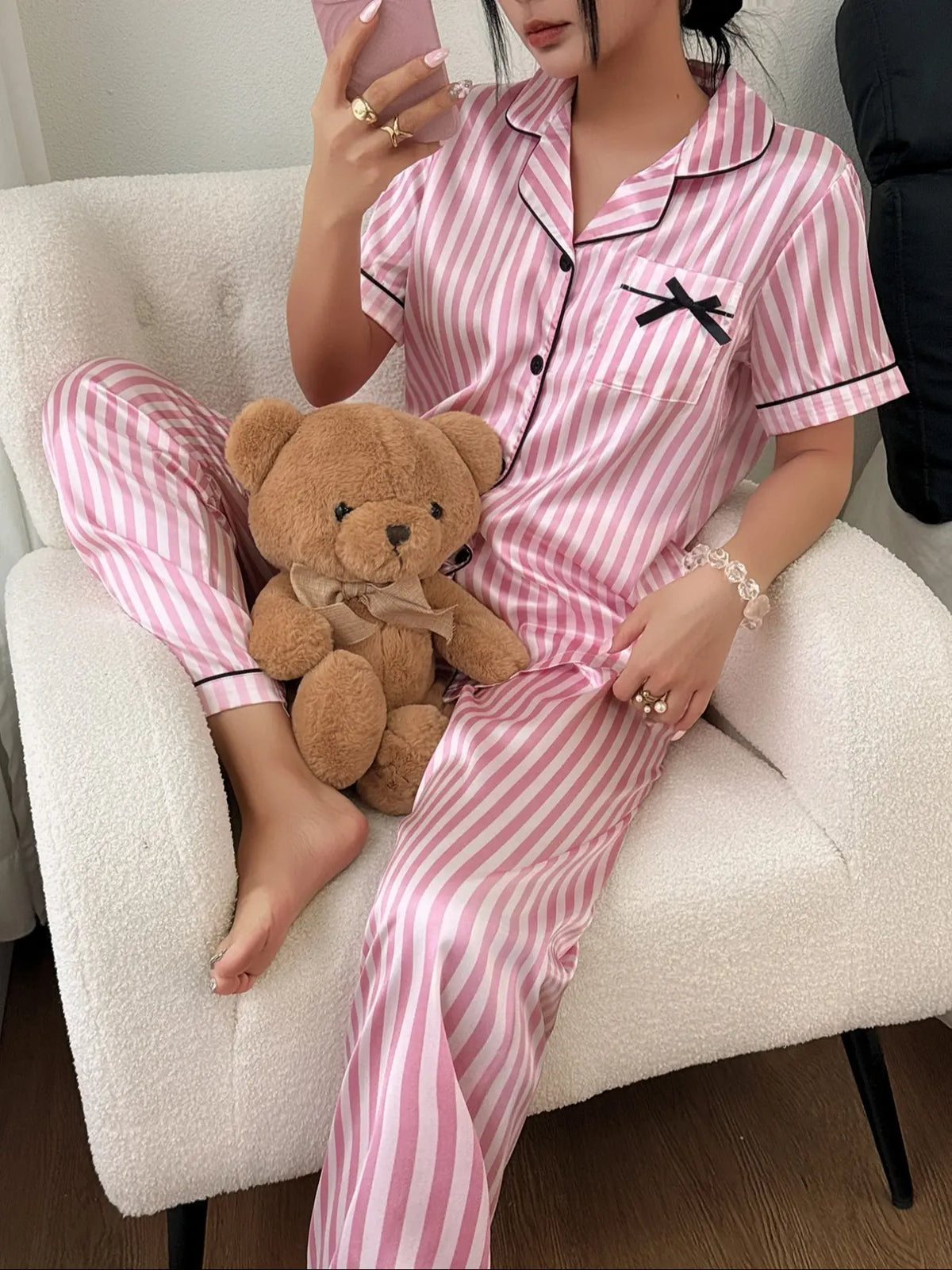 Women's Luxury Striped Satin Sleepwear Set, Soft Fabric Short Sleeve Button-Up Top and Elastic Waist Pants, Casual Home Clothing Loungewear Pjs Set