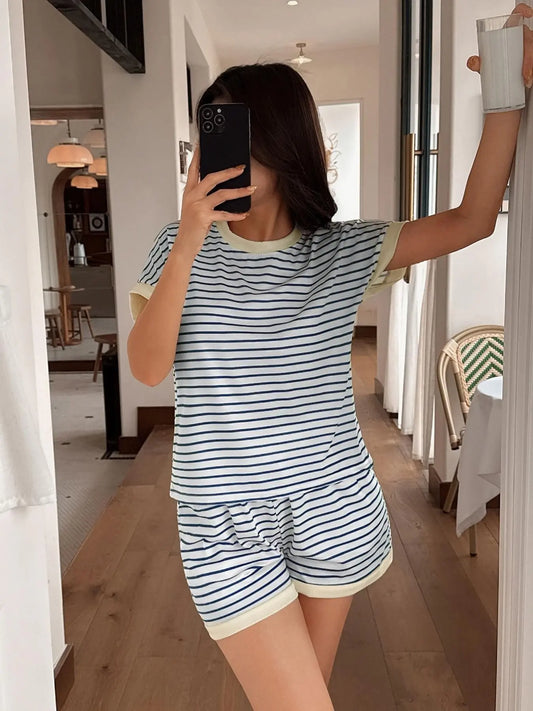 Women's Striped Knit Short Sleeve Top & Shorts Set, Lounge Set, Pajamas for Women, Pjs, Casual Style Summer Homewear, Pyjama Set for Beach and Vacation, Outdoor Wear, Loungewear & Sleepwear, Casual Comfy Pyjama