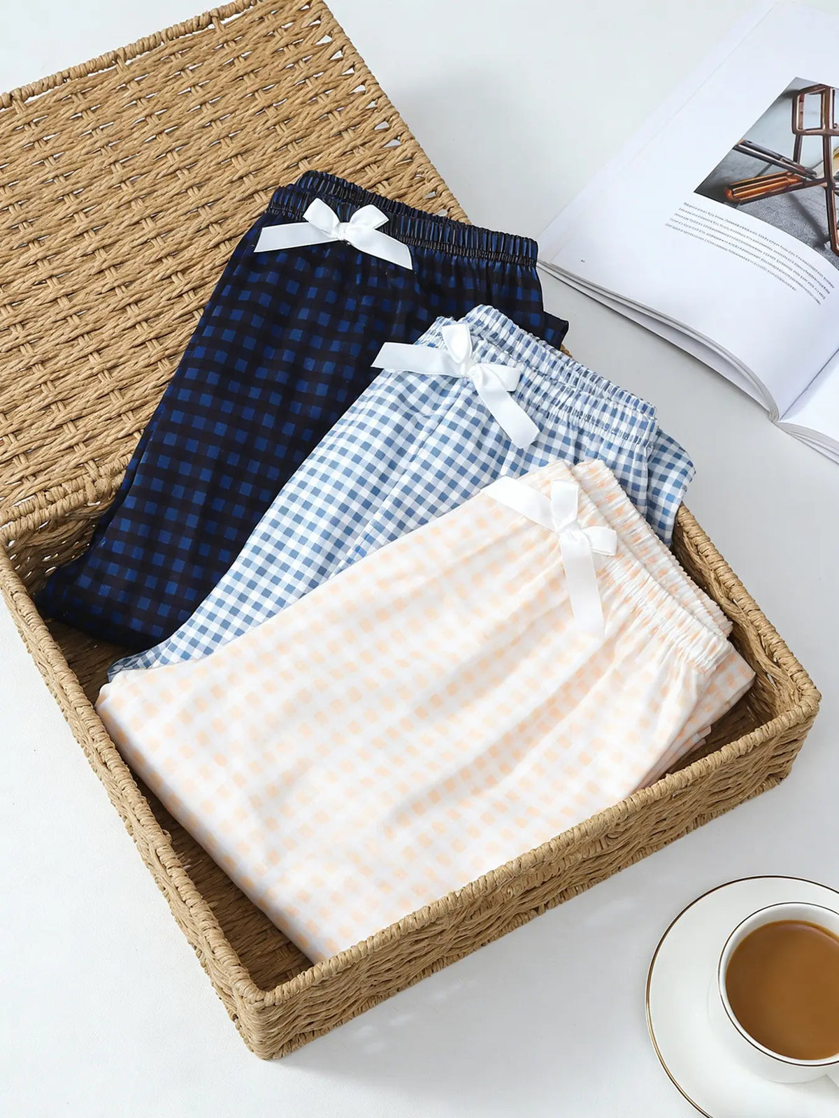 Women's 3 Pack Long Pajama Sleep Pants, Spring & Summer Wearable, Plaid Print with Bow Decor, Daily Versatile Style, Basic Casual Home Loungewear, Indoor Sleepwear, Pajama Sleepwear, All Season Nightwear, Sleep Bottoms