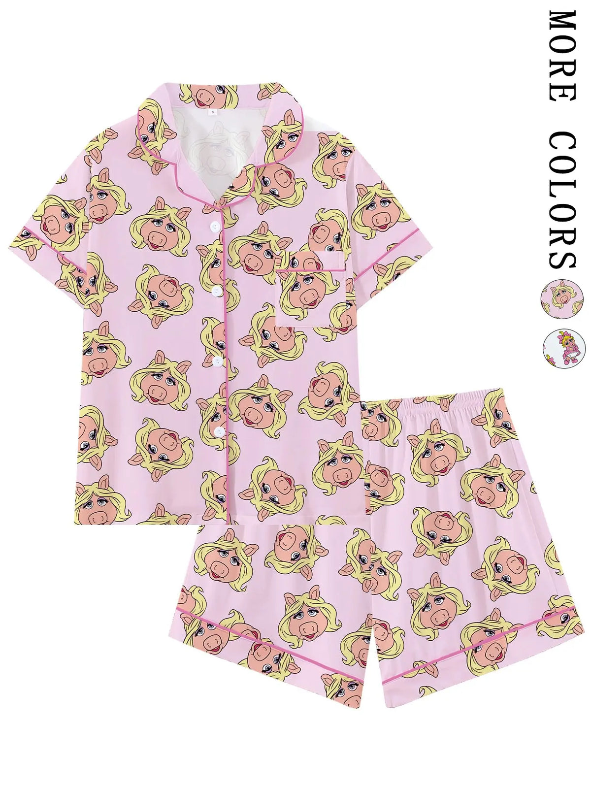 Women's Cute Pink Pig Character Print Pajama Set, Short Sleeve Button Down 2-Piece Loungewear, Pajama Lounge Sets, Adorable Cartoon Pig Sleepwear with Pink Trim,Perfect for Summer Nights & Sleepovers, Lounge Pjs Set