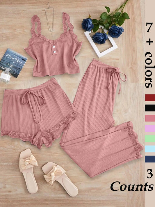 Women's Sleepwear Set, Three-Piece Lace Trim Tank Top & Shorts & Long Pants Pajamas, Soft Breathable Comfortable Casual Loungewear Outfits, Home Clothes Loungewear