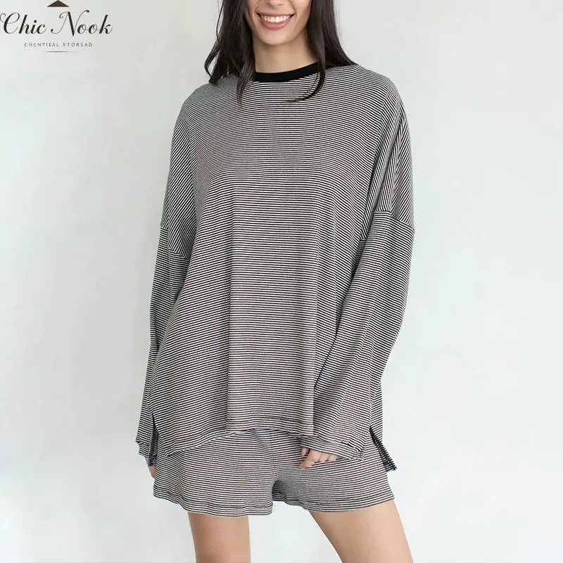 Women's Striped 2 Piece Lounge Set Oversized Long Sleeve T-Shirts Drawstring High Waisted Shorts Summer Pajama Sets
