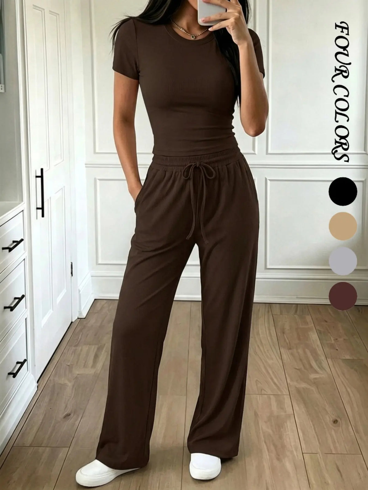 Women's Two-Piece Casual Set, Short Sleeve Top & Wide-Leg Pants with Pockets, Comfortable for Daily Wear, Casual Everyday Set