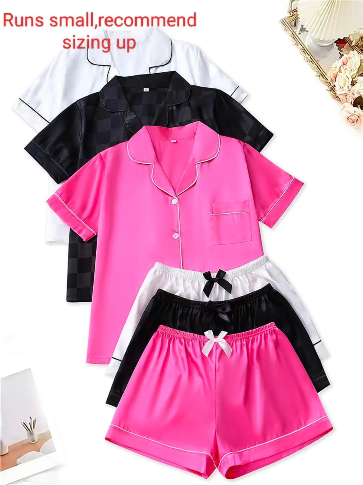 Fashion Six-Piece Women's Satin Pajama Set, Comfortable Summer Sleepwear Loungewear, Button Top and Bow Front Shorts, Casual Fitted Style, Casual Fitted Nightwear