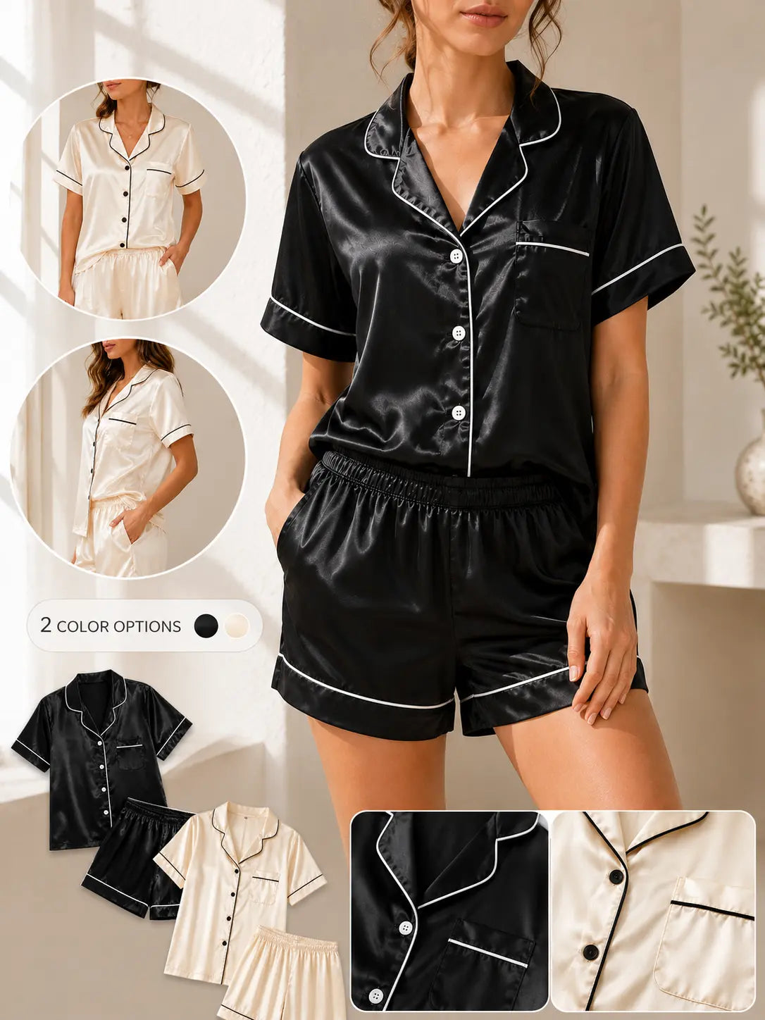 Women’s 2-Piece Satin Pajama Set - Button-Down Short-Sleeve Top, Elastic-Waist Above-Knee Shorts, Everyday Basic Cute Silky Soft Lightweight Home Sleepwear & Loungewear