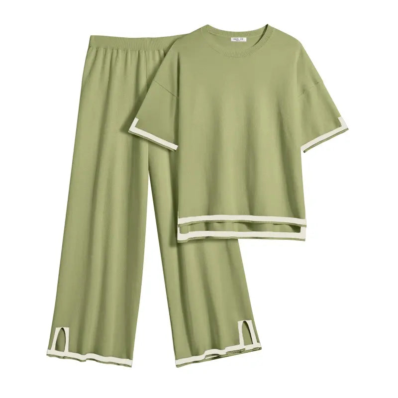 Ekouaer Women's 2-Piece Soft Solid Knitting Rayon Loungewear Set - Crew Neck Pullover Sweater Top with Patchwork Sleeves, Wide Leg Tracksuit Pants with Split Design, Casual Nightwear