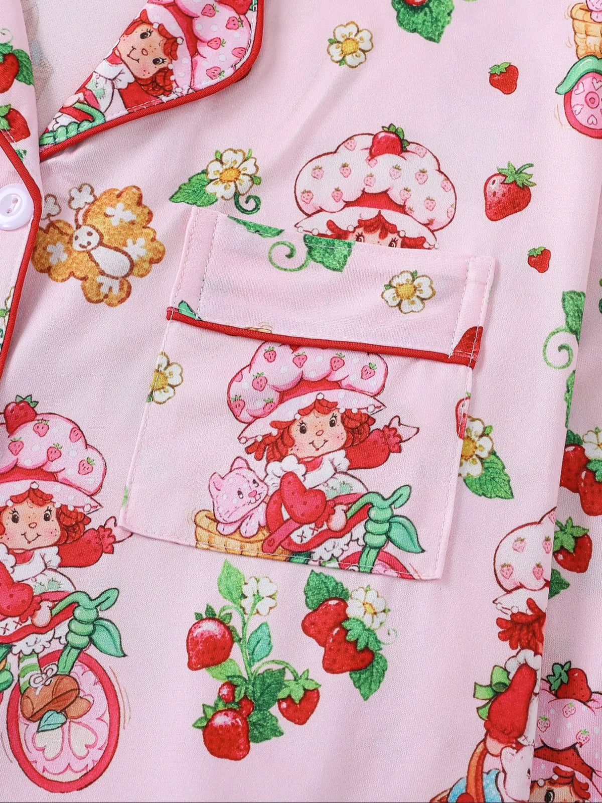 Women's Strawberry Print Sleepwear Set, Pajama Set, Pjs, Long Sleeve Button-Up Top & Elastic Pants, Casual Home Wear, Party, Loungewear