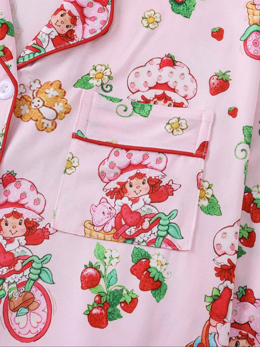 Women's Strawberry Print Sleepwear Set, Pajama Set, Pjs, Long Sleeve Button-Up Top & Elastic Pants, Casual Home Wear, Party, Loungewear