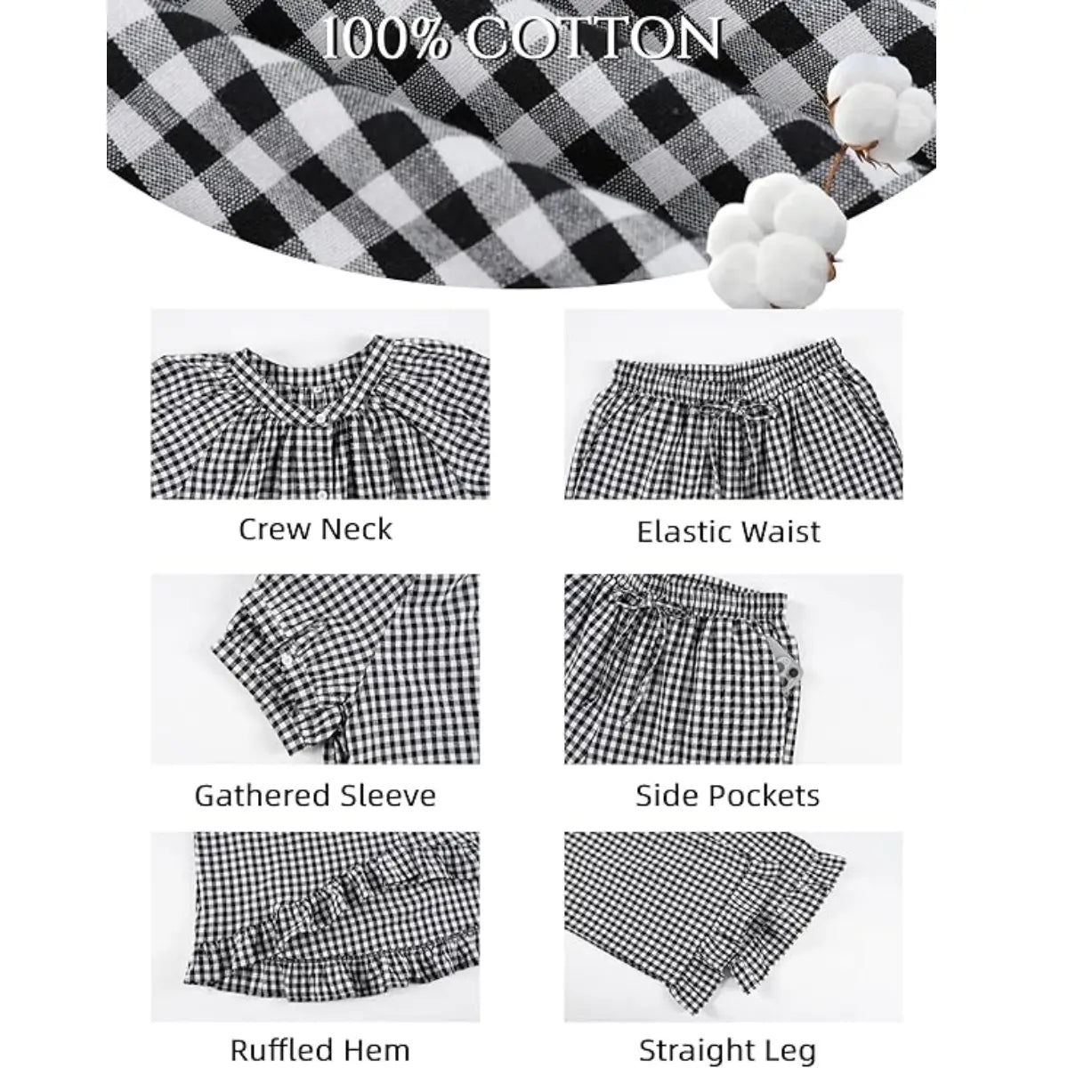 SCUSTY Women Two Piece Sets Y2k Plaid Pajama Sets Ruffle Hem Gingham Short Sleeve Shirt High Waist Bell Bottom Pants Lounge Cute Soft Sets