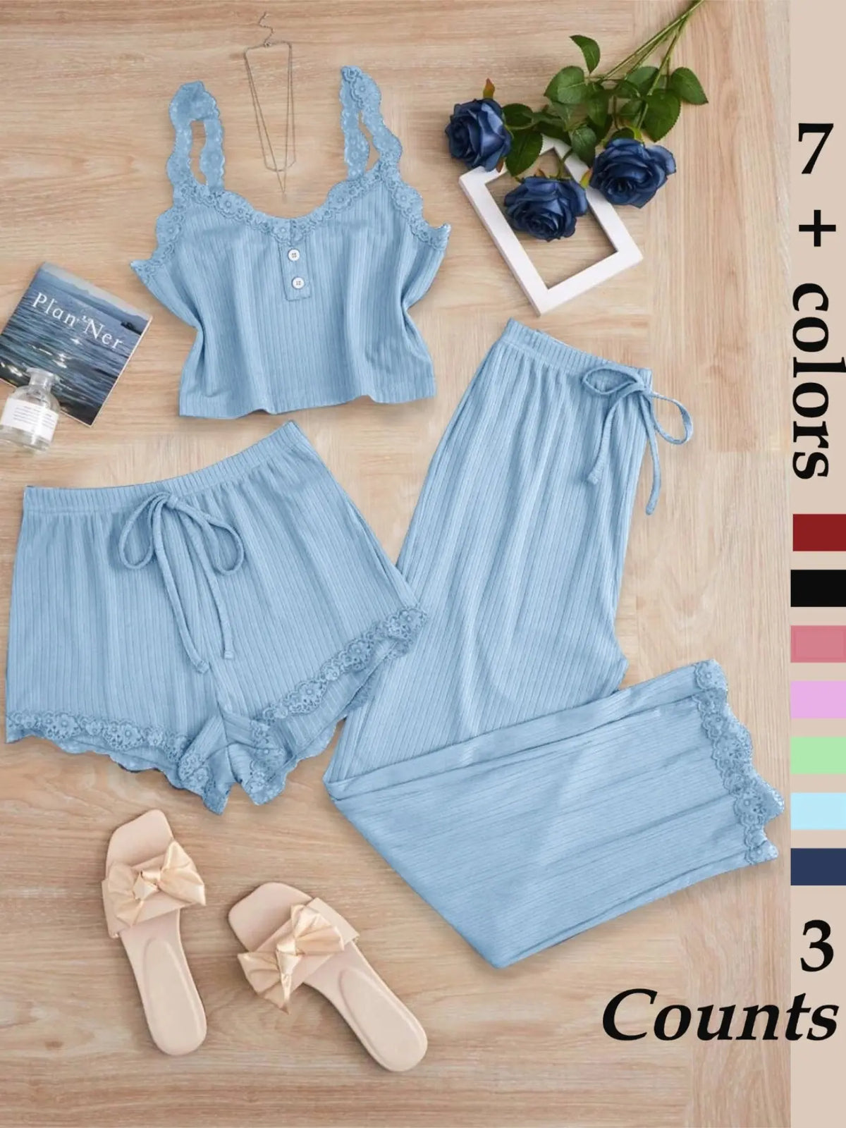 Women's Sleepwear Set, Three-Piece Lace Trim Tank Top & Shorts & Long Pants Pajamas, Soft Breathable Comfortable Casual Loungewear Outfits, Home Clothes Loungewear