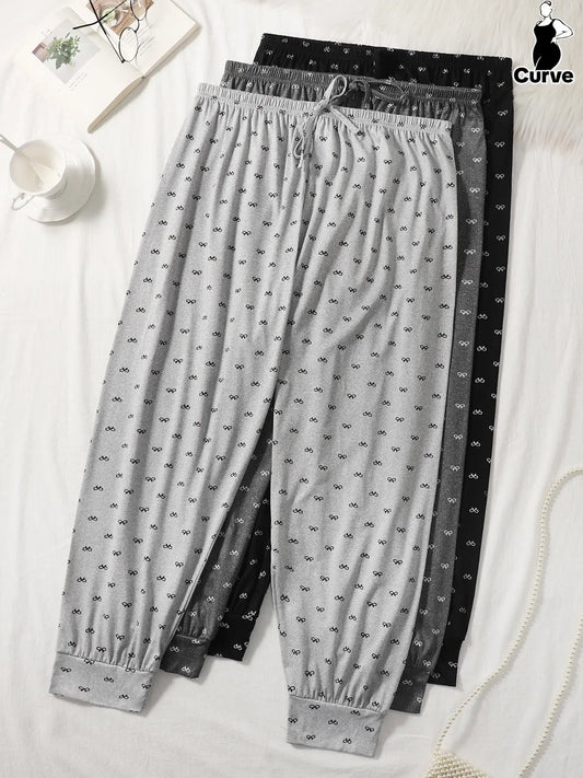 Plus Size Women's All Over Bow Print Knot Front Elastic Waist Knit Pajama Pants, Pj Bottoms, Loose Fit Everyday Casual Comfy Breathable Jogger Pants for Daily Home Wear, Women's Sleepwear for All Seasons, Nightwear, Loungewear, Homewear