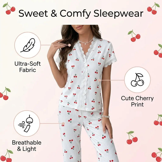 FEITAI Women's 2-Piece Cute Knit Ribbed Top Pajama Set - Short Sleeve Button-Front Sleepwear, Soft Fabric, Loose Fit, Lace-Trimmed Bottoms, Stylish Loungewear Home Outfits
