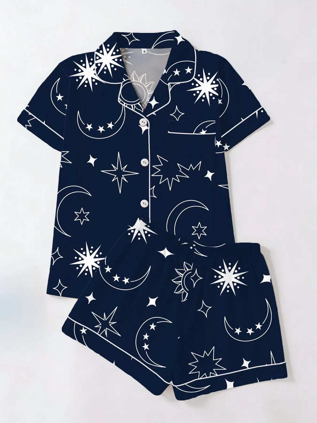 Tiktok Trend! Style Starry Sun Print Sleepwear Set for Women, Short Sleeve Cardigan Shorts Homeewear, Loungewear Pajamas, Casual All Seasons