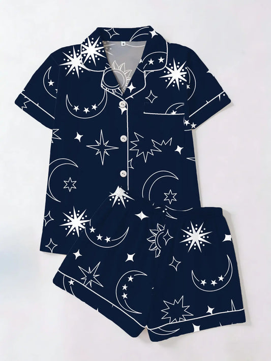 Tiktok Trend! Style Starry Sun Print Sleepwear Set for Women, Short Sleeve Cardigan Shorts Homeewear, Loungewear Pajamas, Casual All Seasons