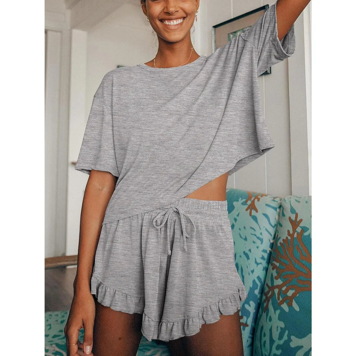 Imily Bela Womens Pajamas Set Lounge Sets Cropped Short Sleeve T Shirts Drawstring Ruffle Shorts Soft Sleepwear