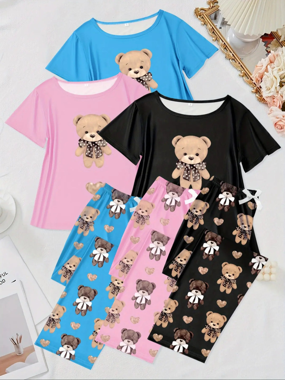 6-Piece Aesthetic Heart Butterfly Print Knitting Pajama Set, Short Sleeve Round Neck Top and Elastic Waist Pants, Women's Sleepwear, Pyjamas, Loungewear and Casual Wear, All Seasons, Fit