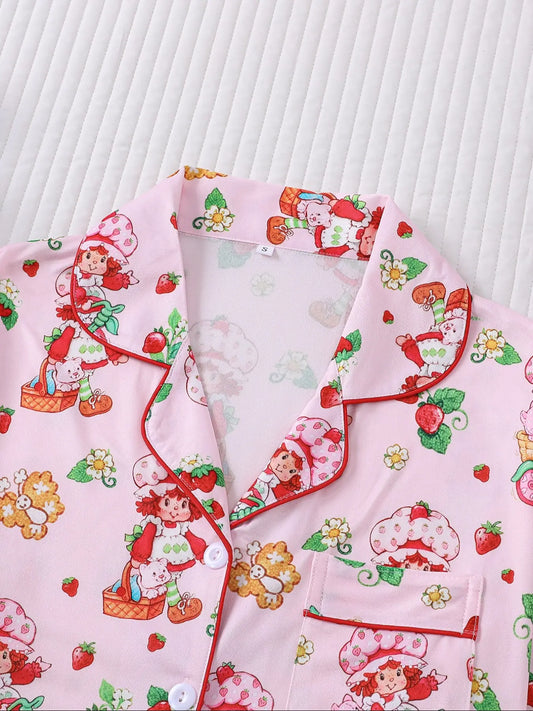 Women's Strawberry Print Sleepwear Set, Pajama Set, Pjs, Long Sleeve Button-Up Top & Elastic Pants, Casual Home Wear, Party, Loungewear