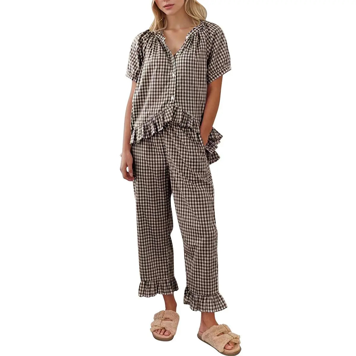 SCUSTY Women Two Piece Sets Y2k Plaid Pajama Sets Ruffle Hem Gingham Short Sleeve Shirt High Waist Bell Bottom Pants Lounge Cute Soft Sets