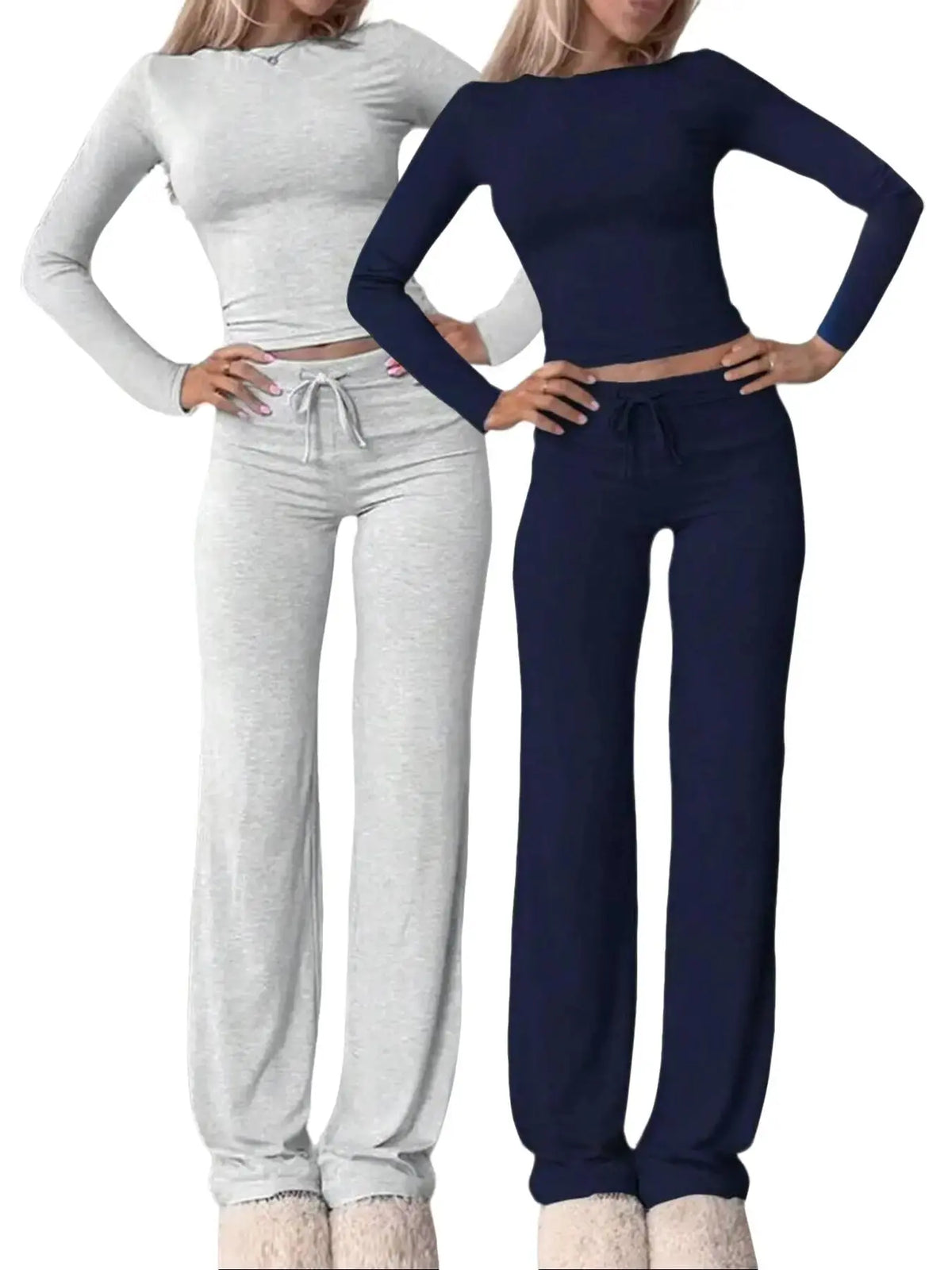 Women's Solid Long Sleeve Crop Top & Drawstring Waist Straight Leg Pants Loungewear Set, Casual Comfy Round Neck Top & Trousers PJ Set, Ladies Sleepwear for Summer & Fall