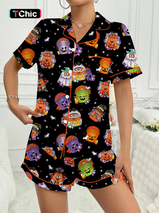 【Halloween】Women's Halloween Print Pajama Set, Printed Pajama Set, Casual Comfy Short Sleeve Top & Shorts Set, Ladies Sleepwear for All Seasons, Party Style Loungewear