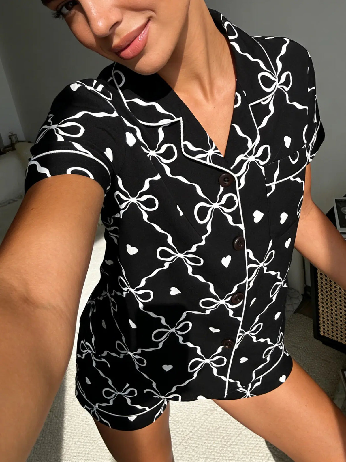 Women's Cherry Bow Printed Sleepwear Set, Short Sleeve Shorts Lapel Open Front Home Wear Two-Piece Set, Comfortable Sofa Loungewear Pajamas