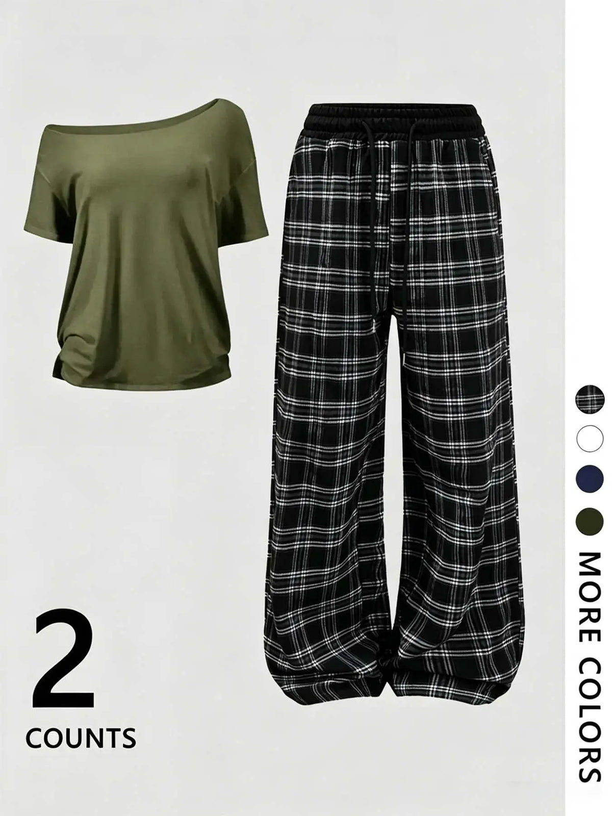 Women's Off-Shoulder Loose Short Sleeve Top with Plaid Pants Pajama Set, Nightwear Loungewear Set, Loungewear, Homewear, Fashionable and Comfortable, Ideal for Daily Activities and Home Wear, Matching Loungewear