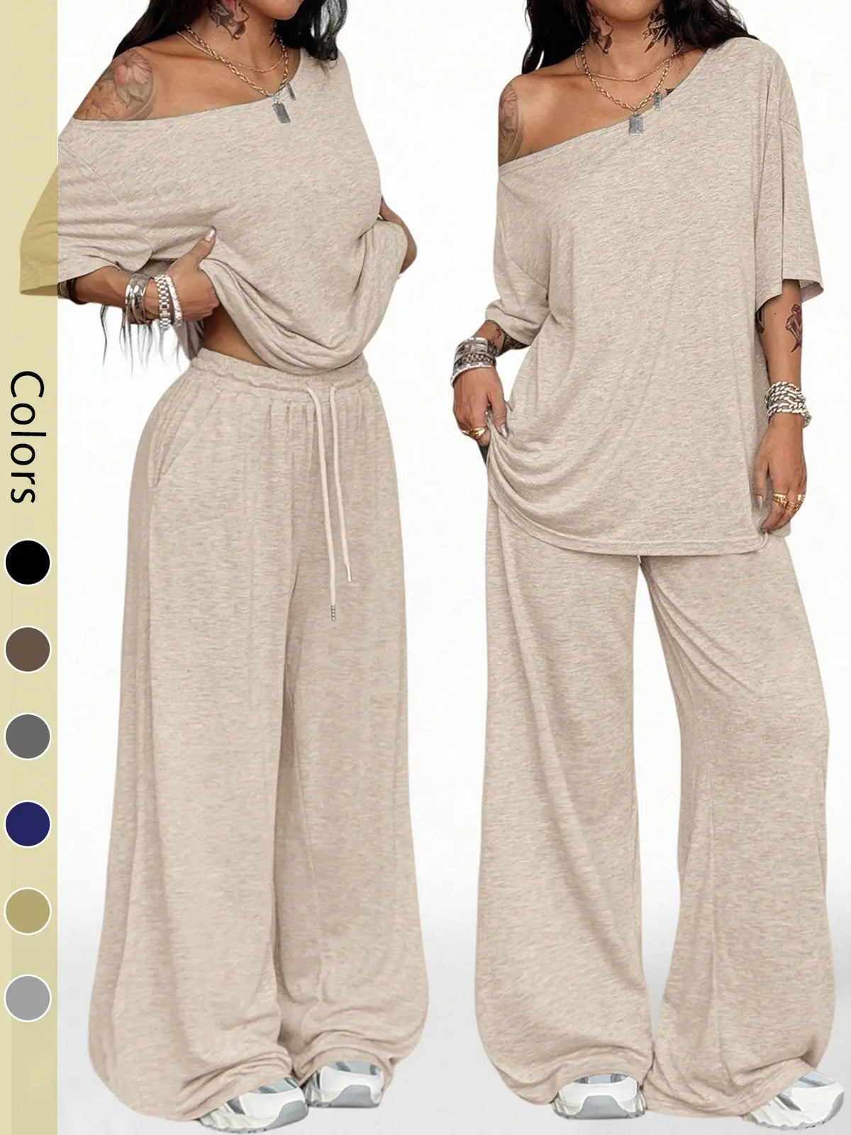 Women's 2-Piece Sleepwear Set Loungewear Outfit, Casual Solid Color, Loose Short Sleeve Top and Long Pants, Comfortable Homewear