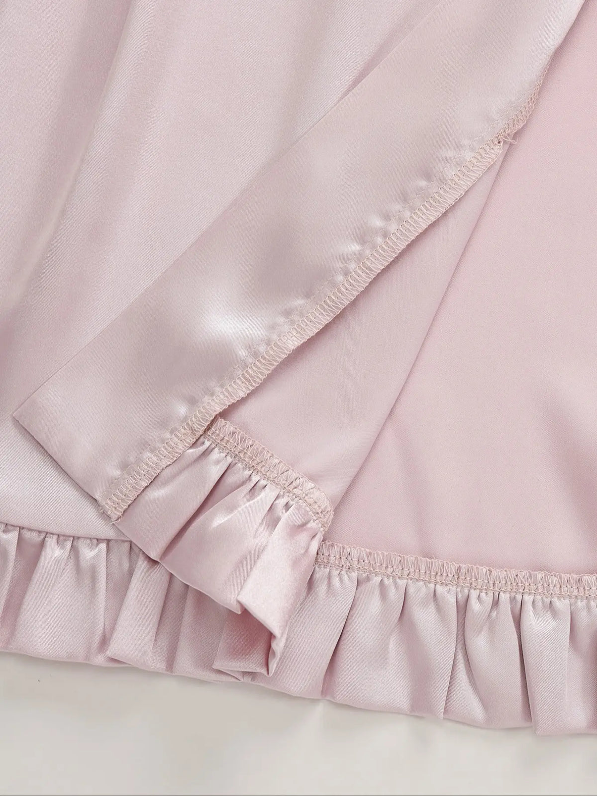 Elegant Satin Kimono Robe Loungewear Chic, Dusty Rose with Ruffle Cuffs & Hem, Long Sleeve Loose-Fitting Nightgown, Casual All Seasons Wear, Nightwear