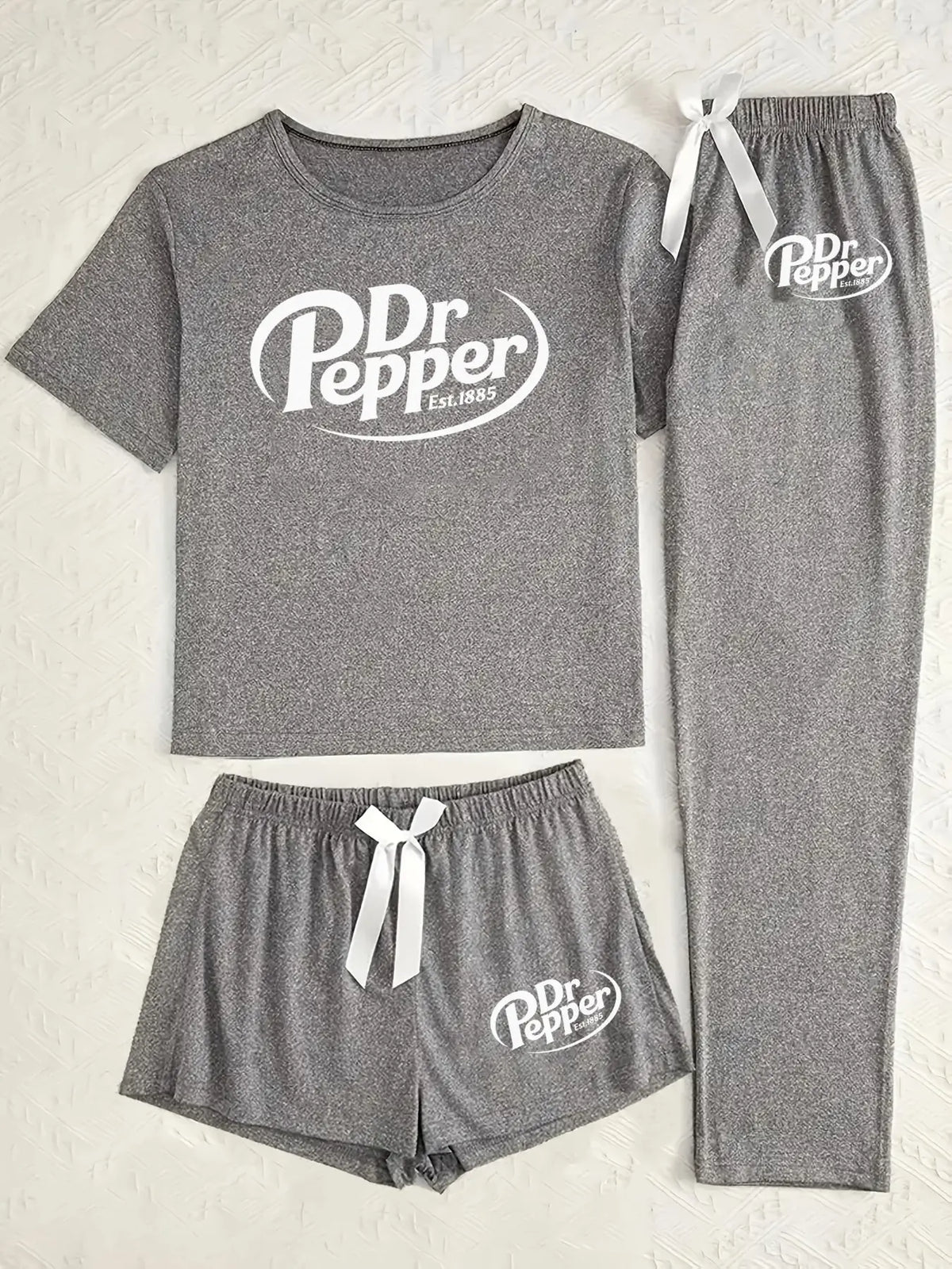 Women's 3-Piece Sleepwear Set with Pepper Doctor Logo Print, Casual Cartoon Design Fitted Pajama Set, Comfortable Loungewear, Cozy Matching Sleepwear Pjs for All Seasons