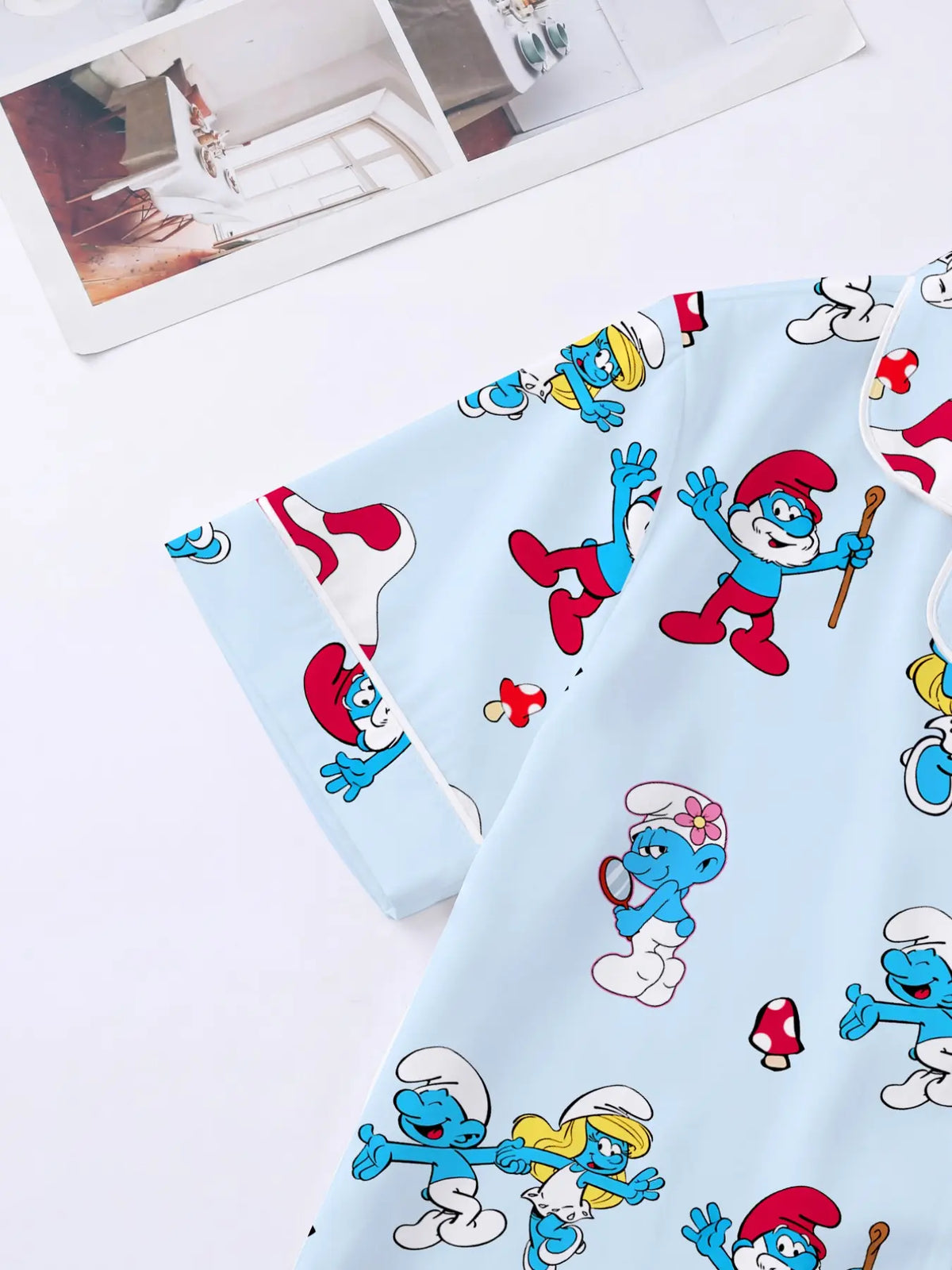 3-Piece Light Blue Smurfette Women's Loungewear Pajama Set, Short Sleeve Button-Down Top, Elastic Shorts & Pants, Comfortable Home Wear, Pajamas Sleepwear