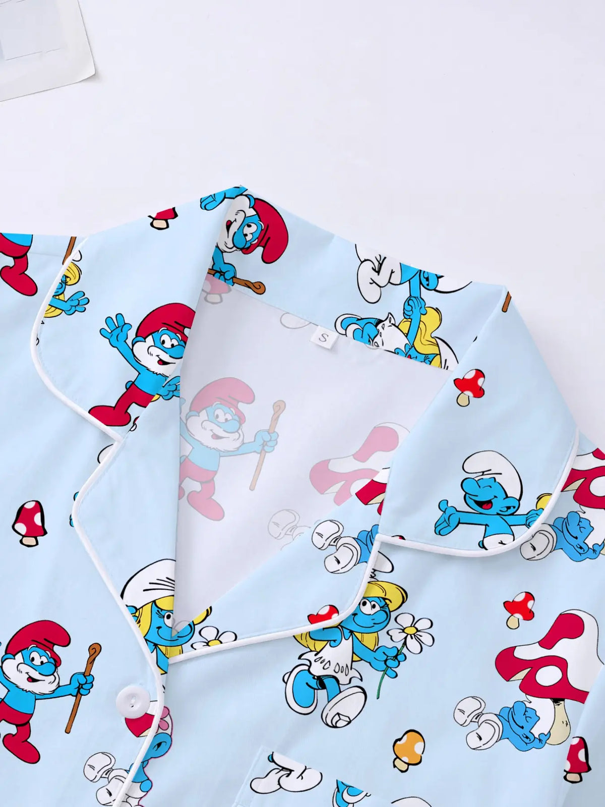 3-Piece Light Blue Smurfette Women's Loungewear Pajama Set, Short Sleeve Button-Down Top, Elastic Shorts & Pants, Comfortable Home Wear, Pajamas Sleepwear