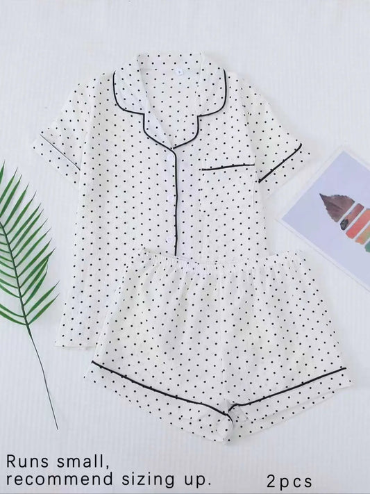 Women's All Over Print Woven Casual Loungewear Set, Contrast Binding Pocket Button Top & Elastic Shorts Pajama Set, Ladies Summer Pjs Nightwear Matching Pj Set