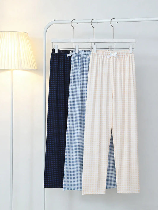 Women's 3 Pack Long Pajama Sleep Pants, Spring & Summer Wearable, Plaid Print with Bow Decor, Daily Versatile Style, Basic Casual Home Loungewear, Indoor Sleepwear, Pajama Sleepwear, All Season Nightwear, Sleep Bottoms