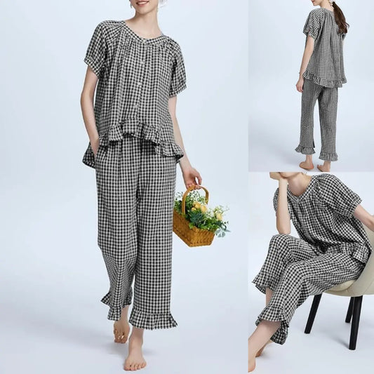 SCUSTY Women Two Piece Sets Y2k Plaid Pajama Sets Ruffle Hem Gingham Short Sleeve Shirt High Waist Bell Bottom Pants Lounge Cute Soft Sets