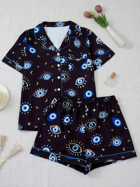 Women's Two-Piece Pajama Set, Casual Comfortable Short Sleeve Shirt with Pocket, Elastic Waist Shorts, All-Season Sleepwear Loungewear