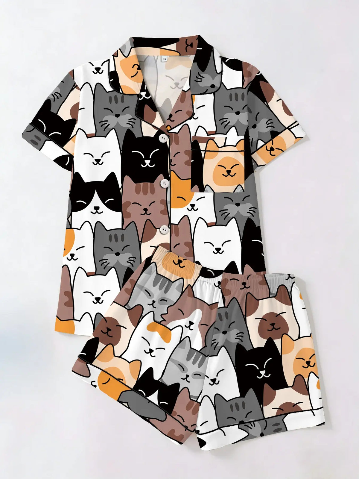 Cute Cat Garden Floral Print Short Sleeve Top Shorts Pajama Set, Fitted Casual Aesthetic Homeewear for Women, Casual Style Loungewear, All Seasons Wear, Two-Piece Sleepwear
