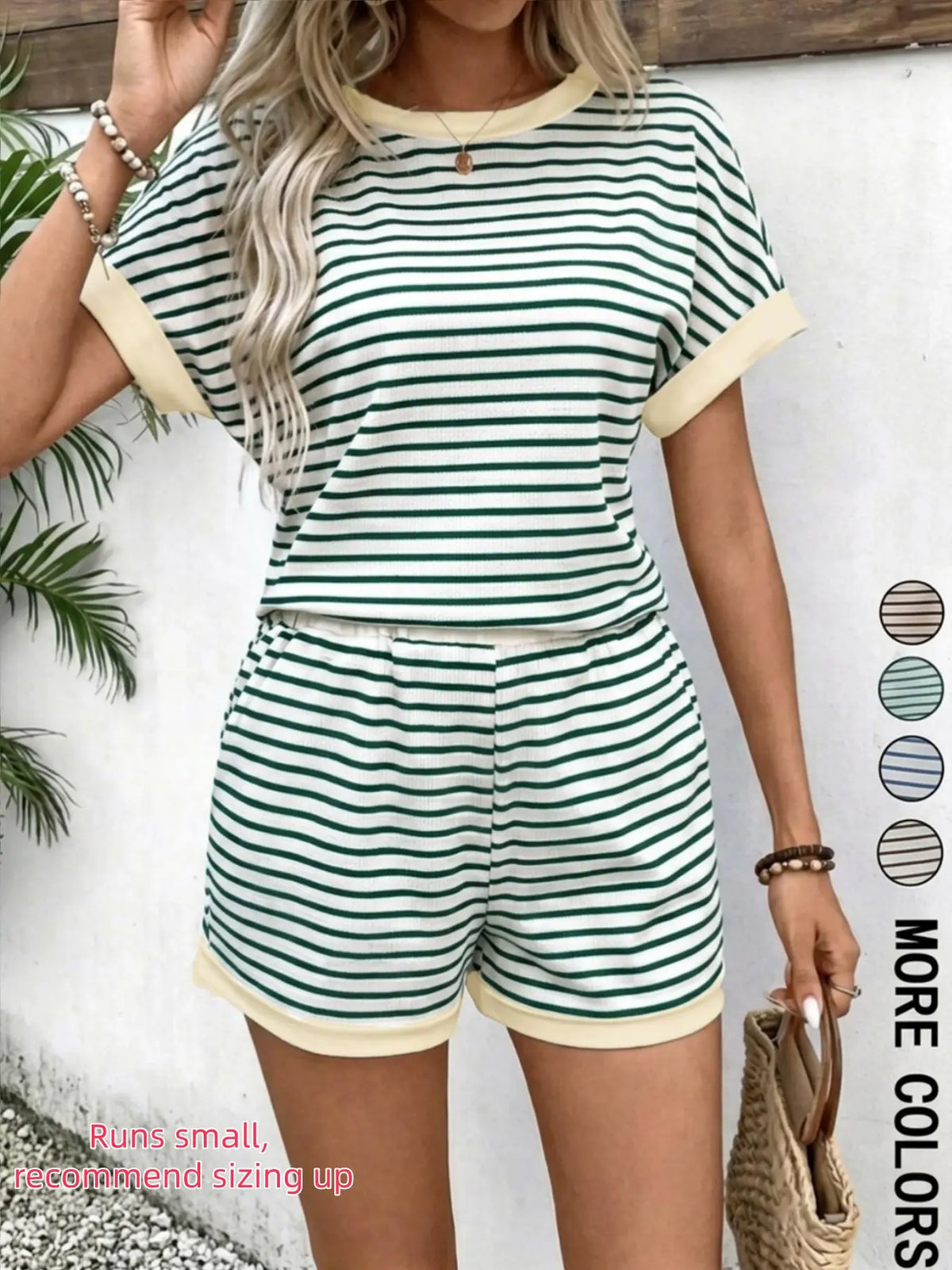 Women's Striped Knit Short Sleeve Top & Shorts Set, Lounge Set, Pajamas for Women, Pjs, Casual Style Summer Homewear, Pyjama Set for Beach and Vacation, Outdoor Wear, Loungewear & Sleepwear, Casual Comfy Pyjama
