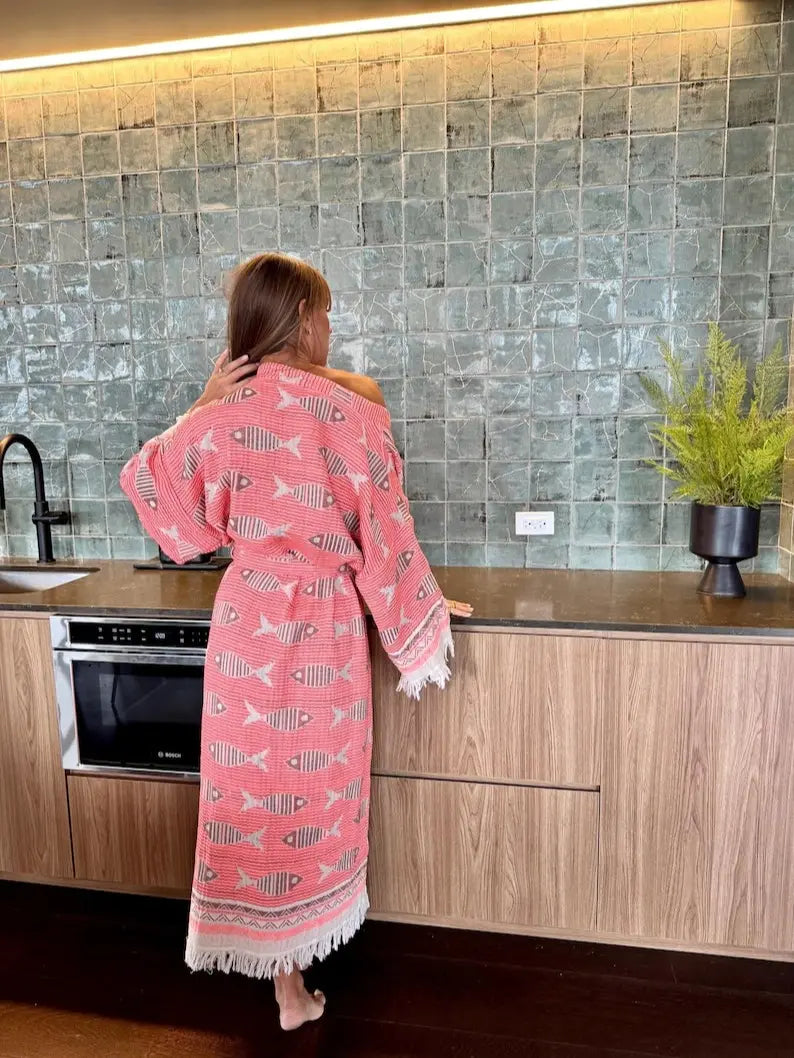 Handwoven Organic Cotton Kimono Robe, Fish Print Robe, Beach Cover-Up , Gift for Her