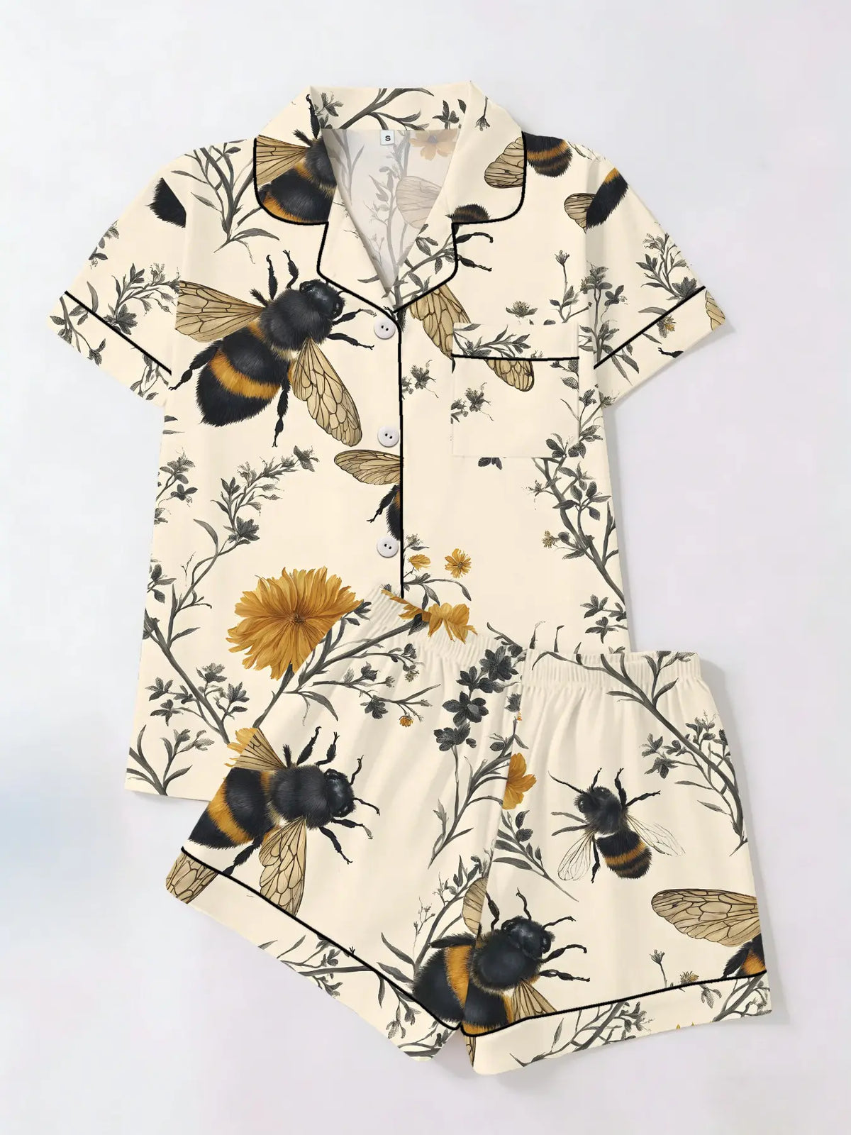 Cute Cat Garden Floral Print Short Sleeve Top Shorts Pajama Set, Fitted Casual Aesthetic Homeewear for Women, Casual Style Loungewear, All Seasons Wear, Two-Piece Sleepwear