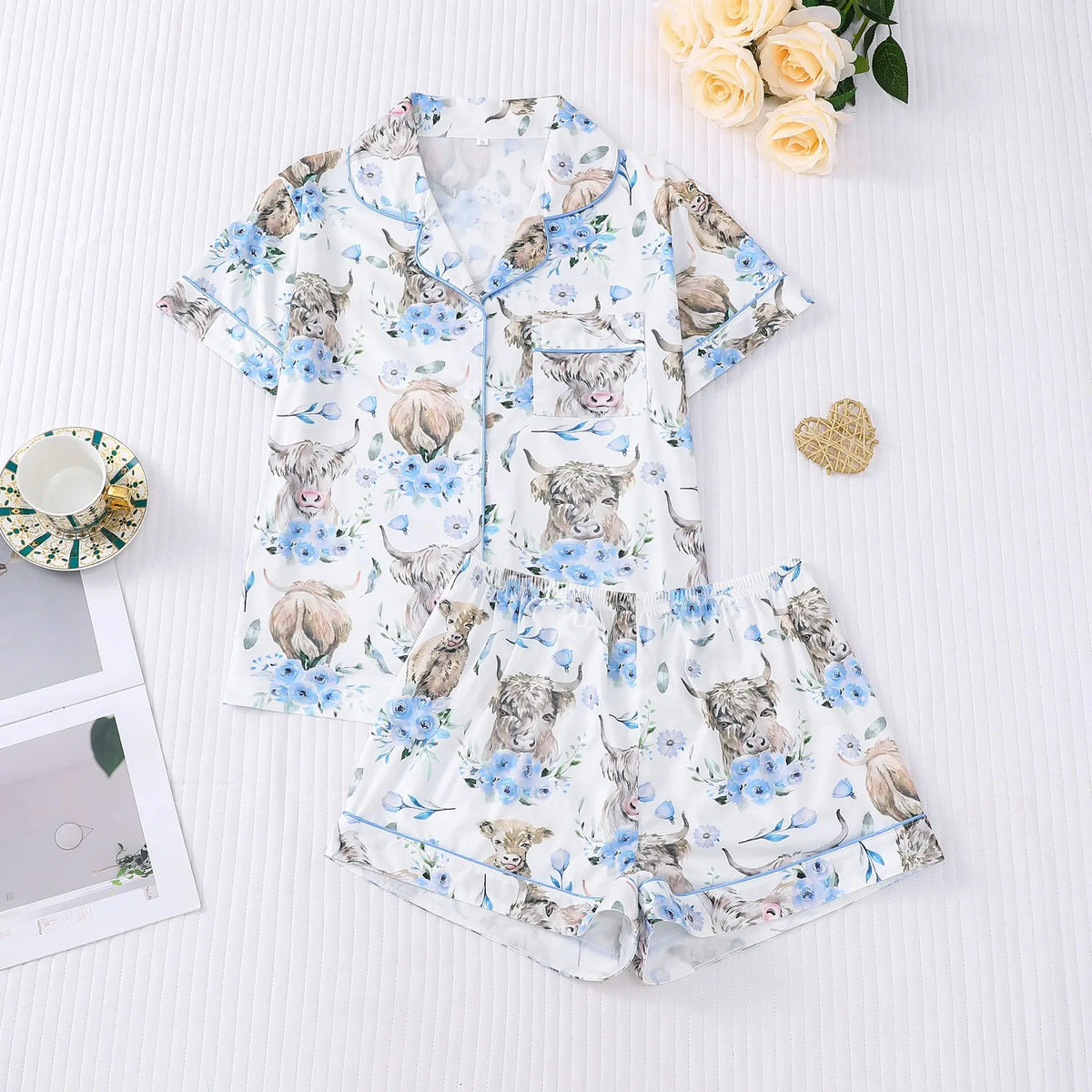 Msrlassn Women's Halloween Print Lapel Neck Pajama Set Casual Comfy Short Sleeve Top & Shorts Pj Set Ladies Sleepwear for All Seasons Loungewear