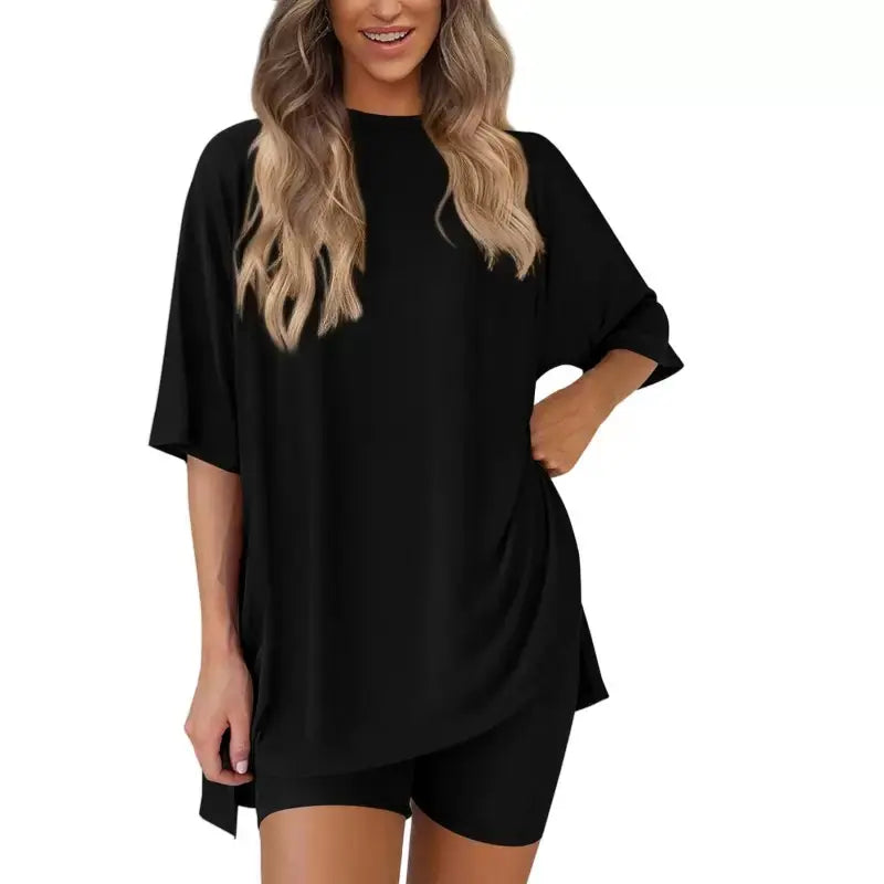 Women's 2-Piece Casual Loungewear Set - 3/4 Sleeve Top, Elastic Waist Above-the-Knee Shorts, Basic Design, Polyester & Modal Fabric, Pajamas, Matching Sets, Sohochic
