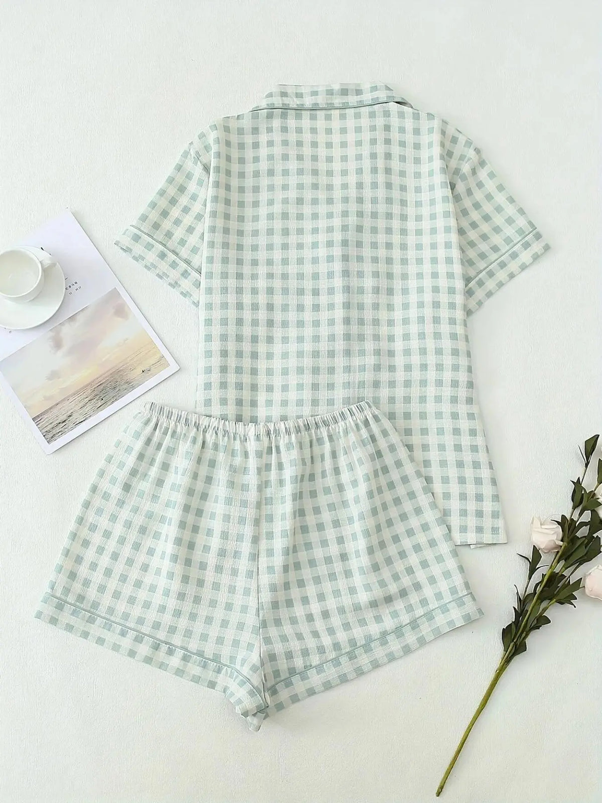 Women's Gingham Print Crop Shirt & Shorts Pyjama, Casual Comfy Short Sleeve Collared Top & Shorts PJ Set, Ladies Sleepwear Loungewear Set for Summer Gingham Pajama Pajamas Sets