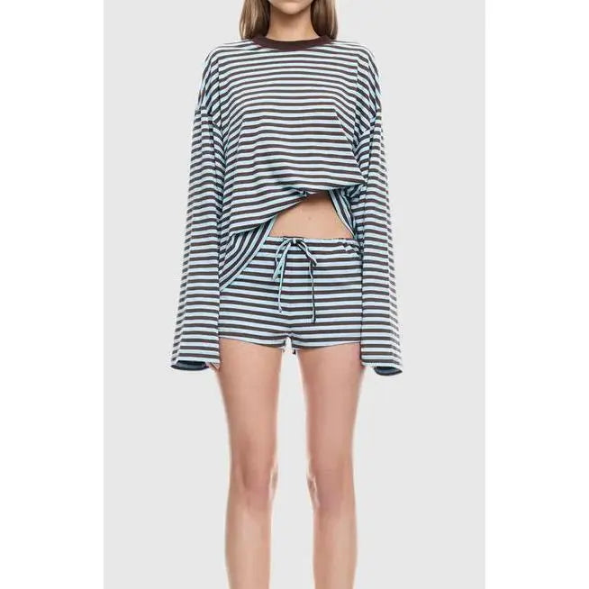 Women's Loungewear Set Soft Polyester Blend Long Sleeve Crop Top And Shorts Comfy Sleepwear