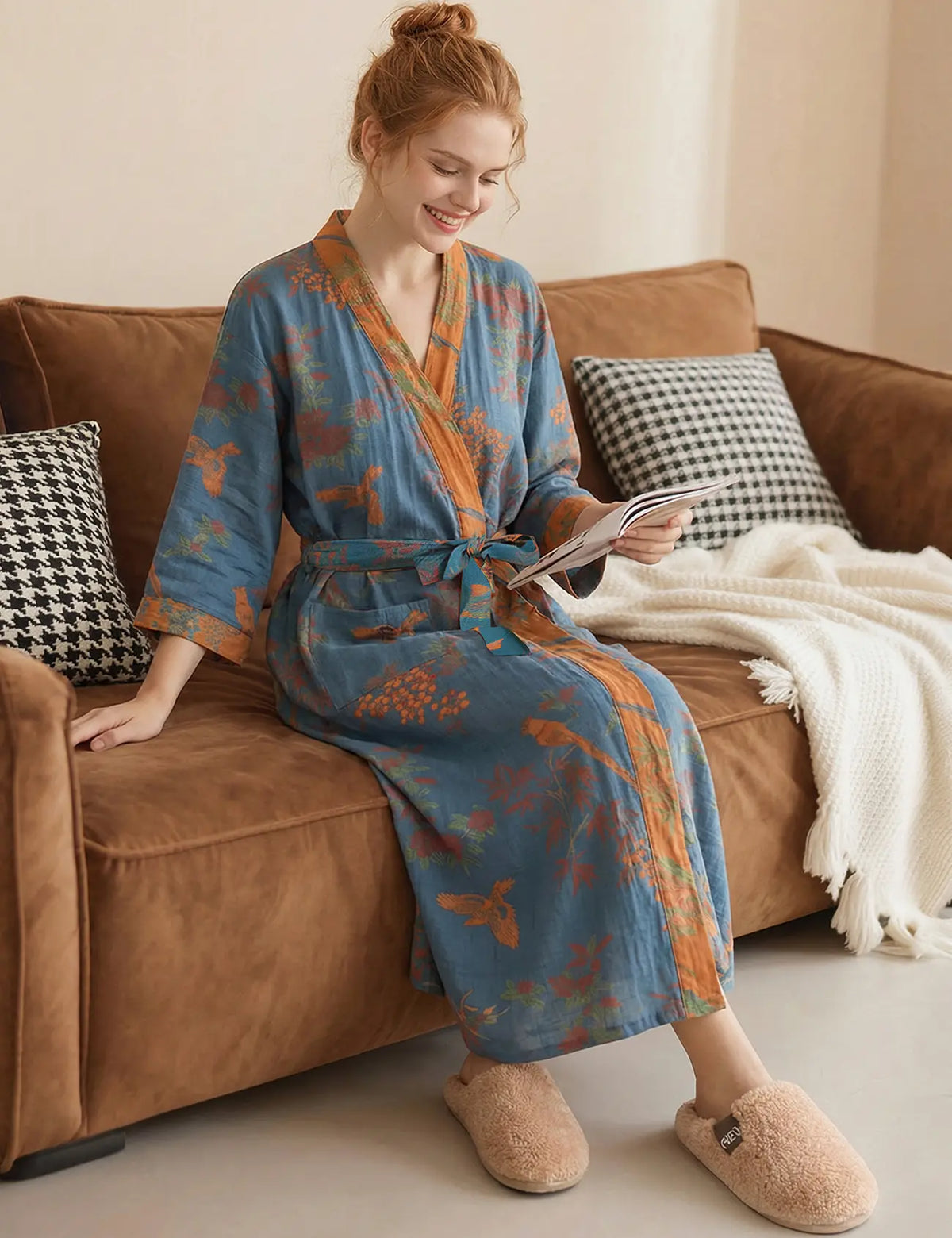 Arssm Women Cotton Gauze Robes Jacquard Japanese Yukata Muslin Kimono Robe Bathrobe Loungewear Sleepwear