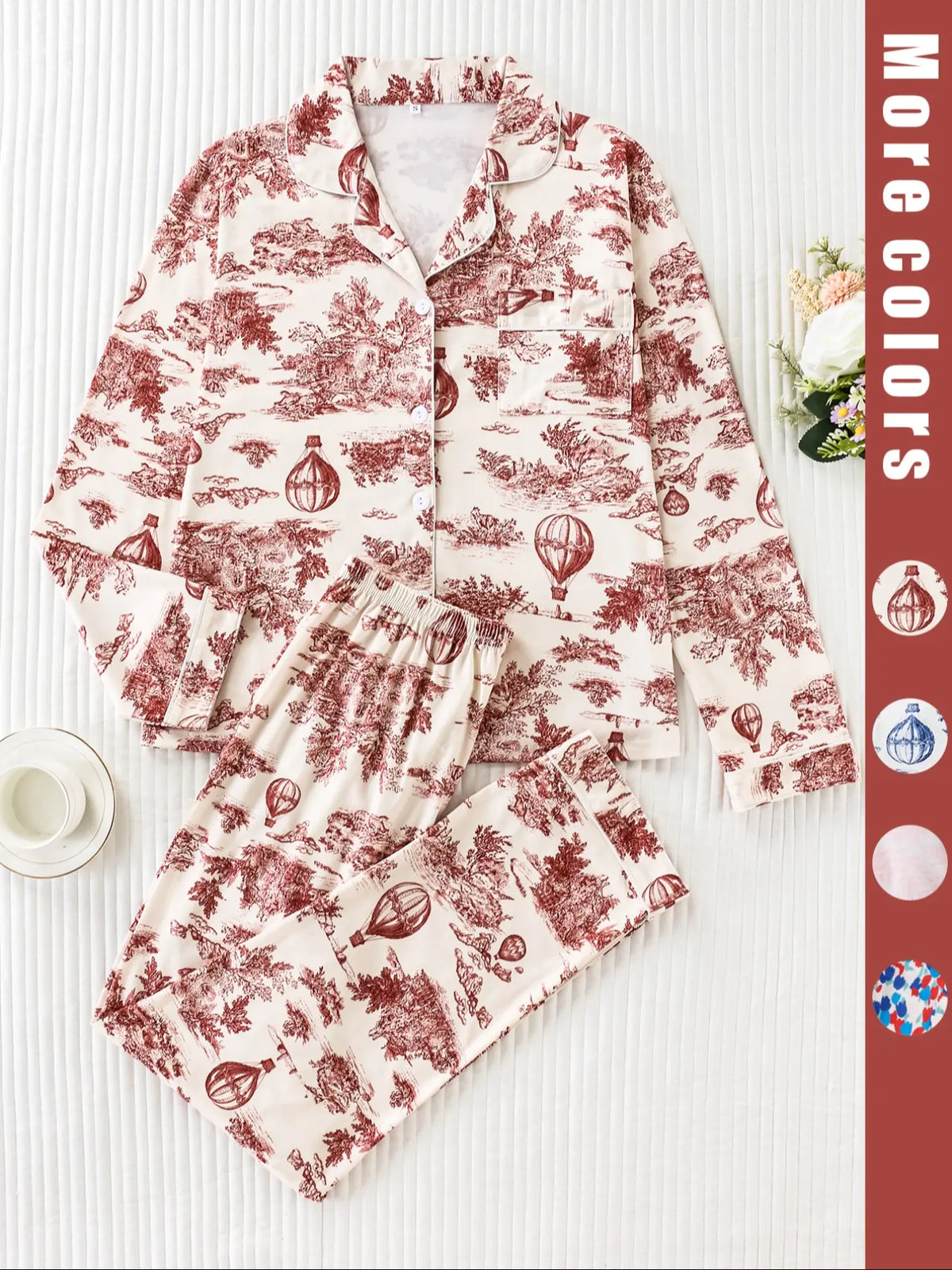 Two-piece pink ladies' pajama set with full-color prints. Button-front collar shirt and elastic waist pants pajama. Casual and comfortable collar long-sleeved top and long pants pajama set. Ladies' pajamas for spring and autumn Loungewear.