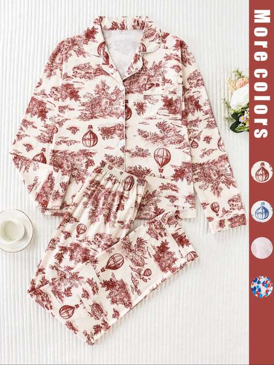 Two-piece pink ladies' pajama set with full-color prints. Button-front collar shirt and elastic waist pants pajama. Casual and comfortable collar long-sleeved top and long pants pajama set. Ladies' pajamas for spring and autumn Loungewear.