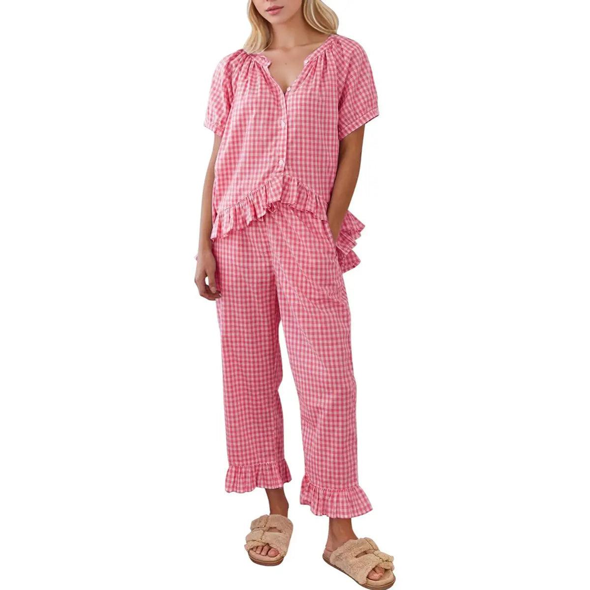 SCUSTY Women Two Piece Sets Y2k Plaid Pajama Sets Ruffle Hem Gingham Short Sleeve Shirt High Waist Bell Bottom Pants Lounge Cute Soft Sets
