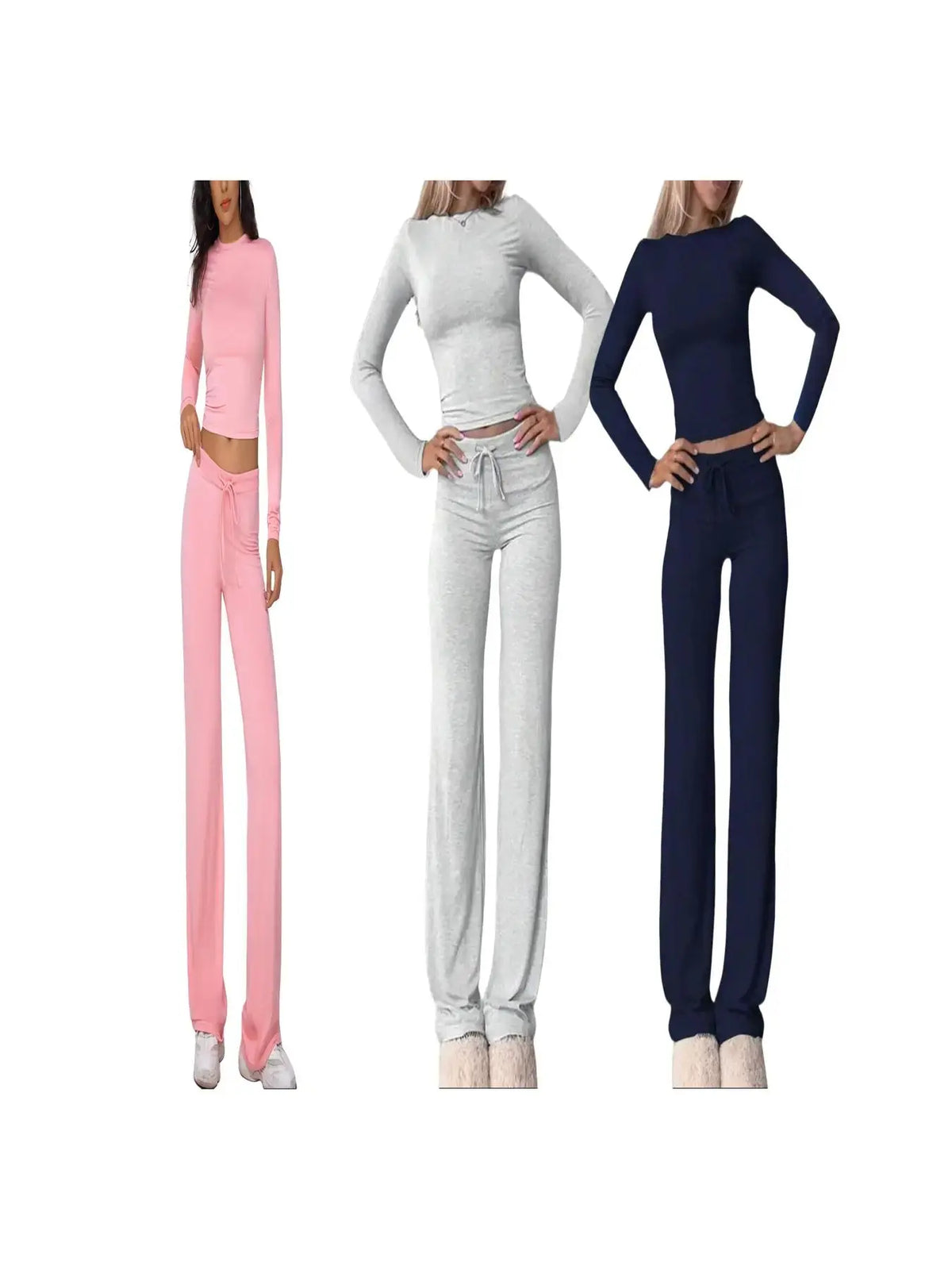 Women's Solid Long Sleeve Crop Top & Drawstring Waist Straight Leg Pants Loungewear Set, Casual Comfy Round Neck Top & Trousers PJ Set, Ladies Sleepwear for Summer & Fall