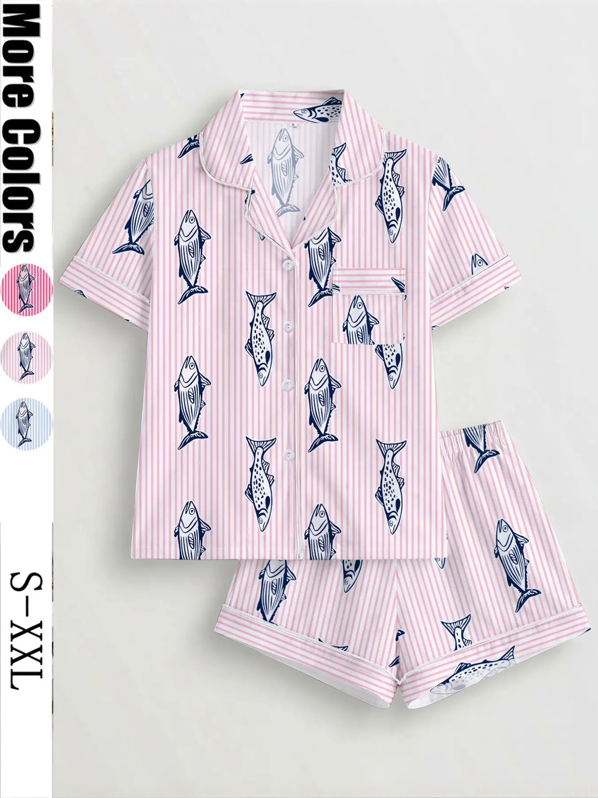 Women's Fish-Print Pajama Set, Short-Sleeve Button-Up Top and Elastic Shorts, Comfortable All-Season Loungewear for Home